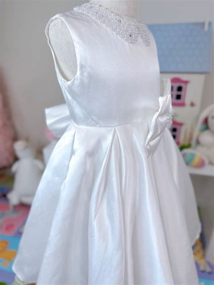 Sleeveless Satin Baptism Dress w Floral Bodice — Blessed Celebration